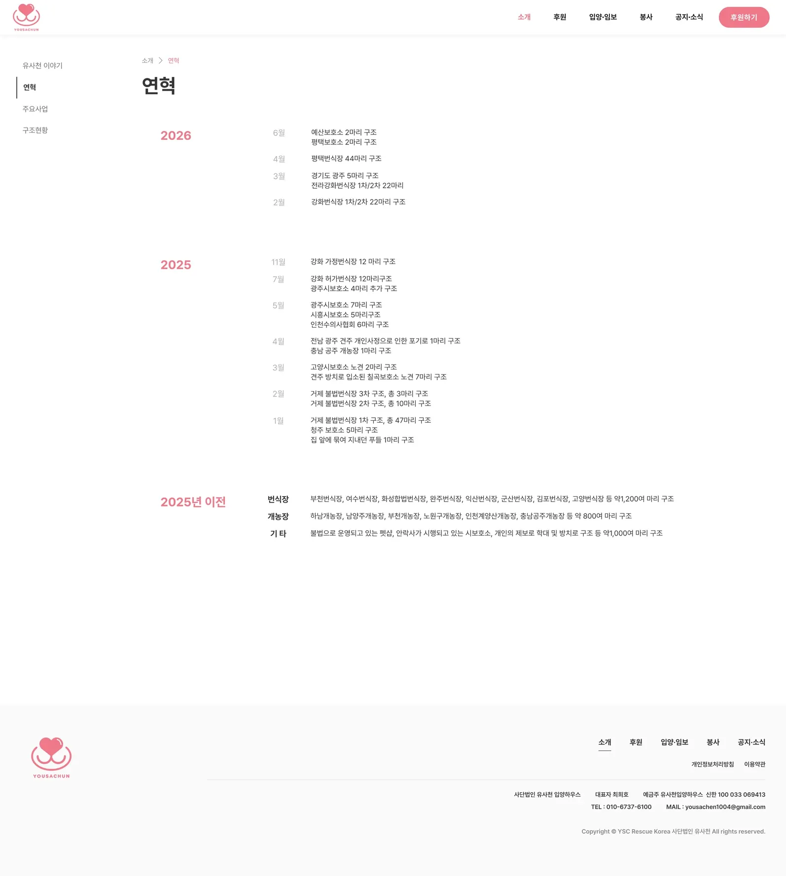 유기동물 입양기관 웹사이트 연혁 페이지 PC 화면