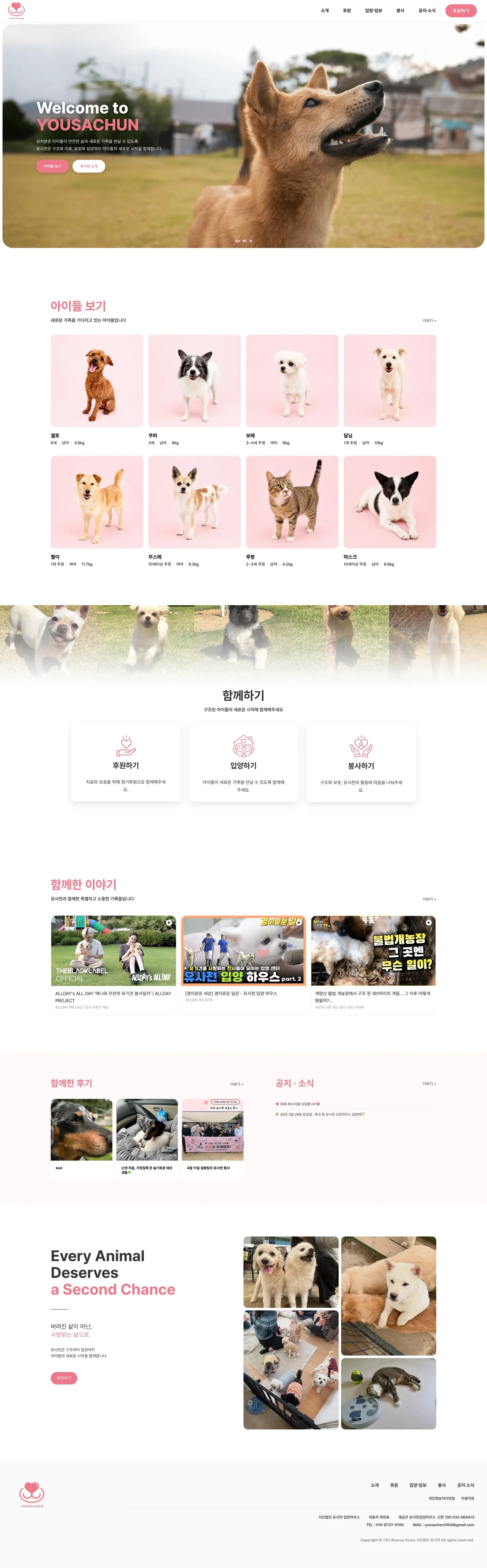 유기동물 입양기관 웹사이트 홈 페이지 PC 화면