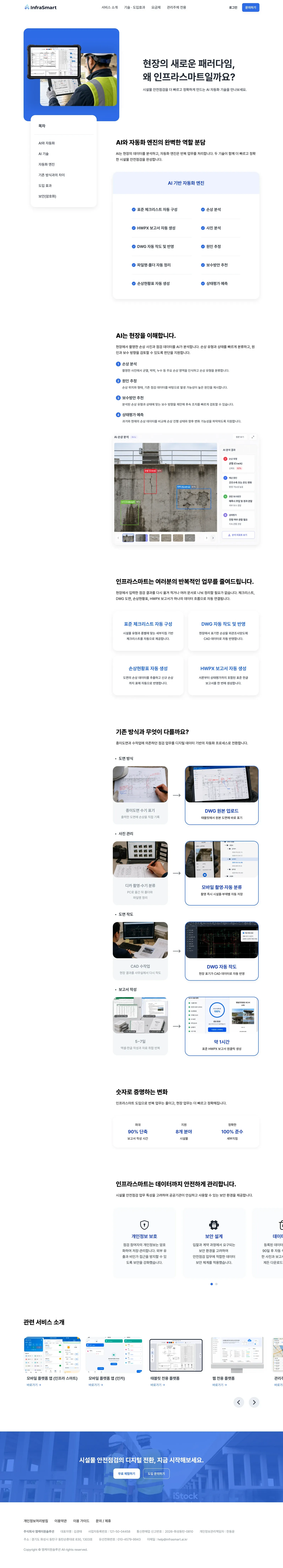 AI 기반 시설물 안전점검 웹사이트 기술 · 도입효과 페이지 PC 화면